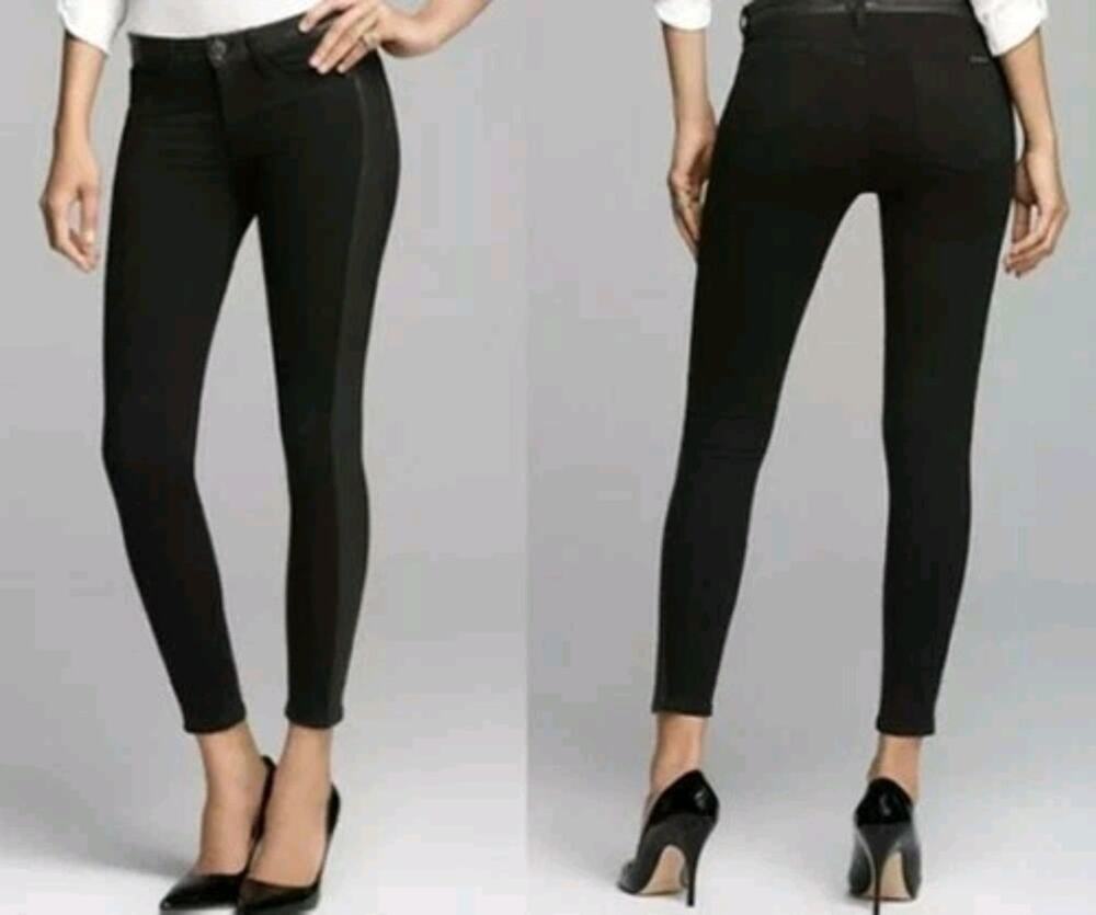 Hudson Jean Leeloo Super Skinny Crop Black Denim Lamb Leather Trim Size 25